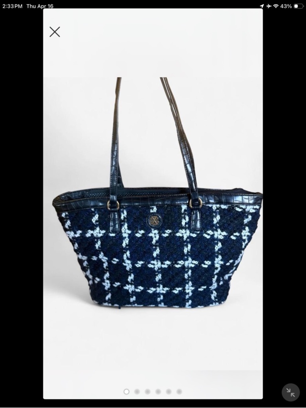 Christian Lacroix Navy and Light Blue Tweed Tote with Black Trim